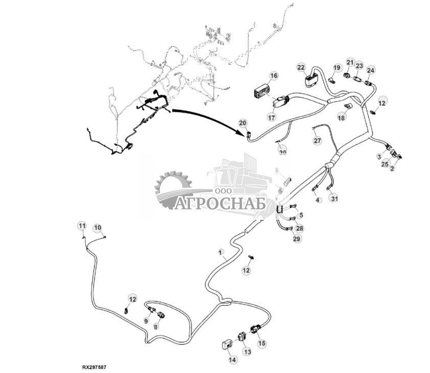 Жгут проводов шасси, с системой автоматического управления AutoTrac™ и резервным насосом, 15,0 L, двигатель FT4 (для стран СНГ, Европы, Северной Африки, Ближнего Востока) (44) (802000 - 803999) - ST874765 244.jpg